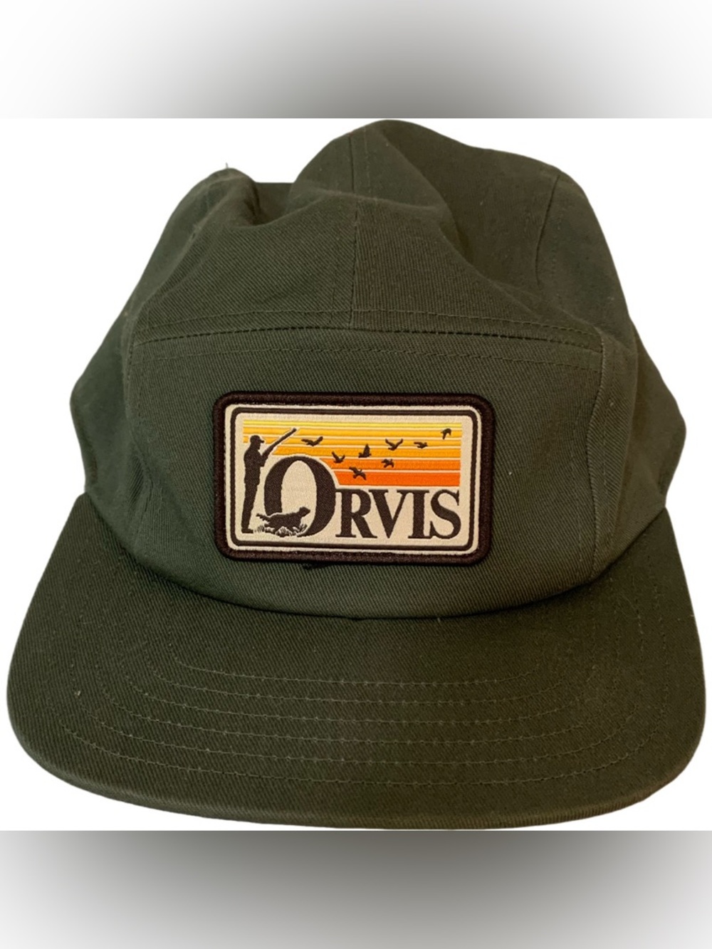 Orvis Covey Rise 5-Panel Camper Hat - Olive Green with Sunset Stripe Patch Logo